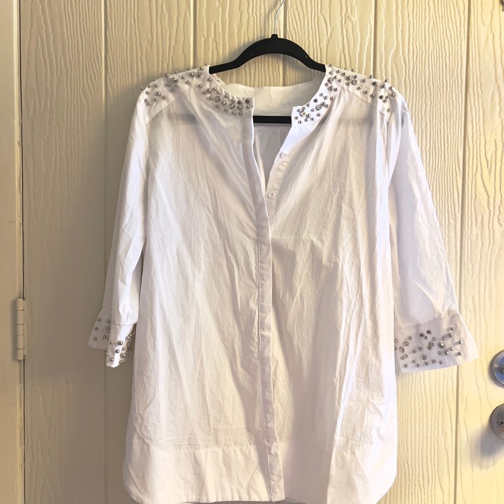 Silver Beaded Long Button Down Tunic Top